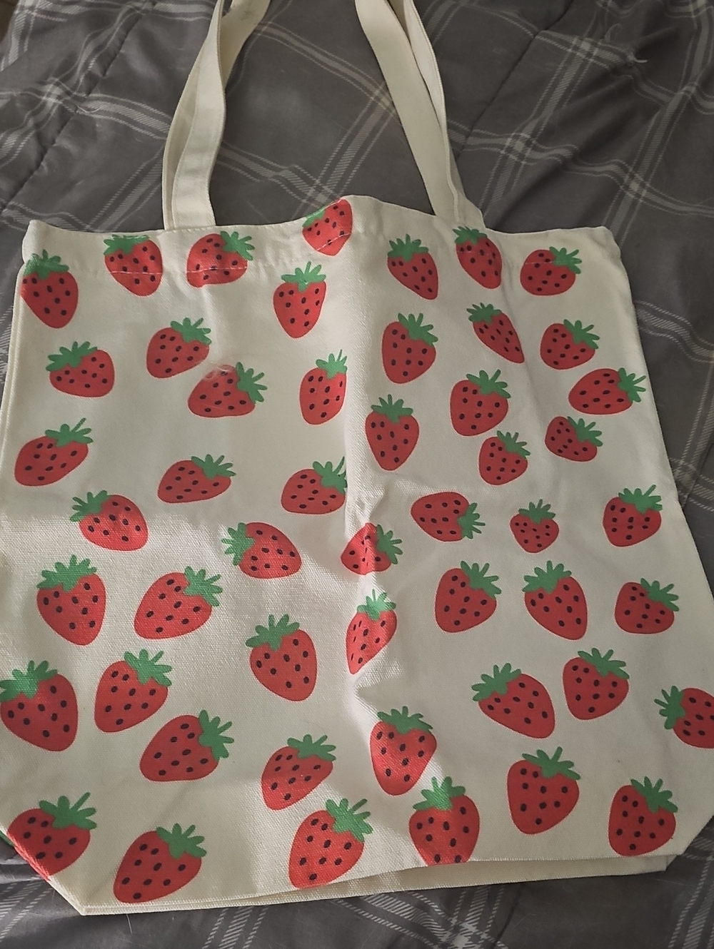 Source Unknown Cream Canvas Tote with Red Strawberry Print